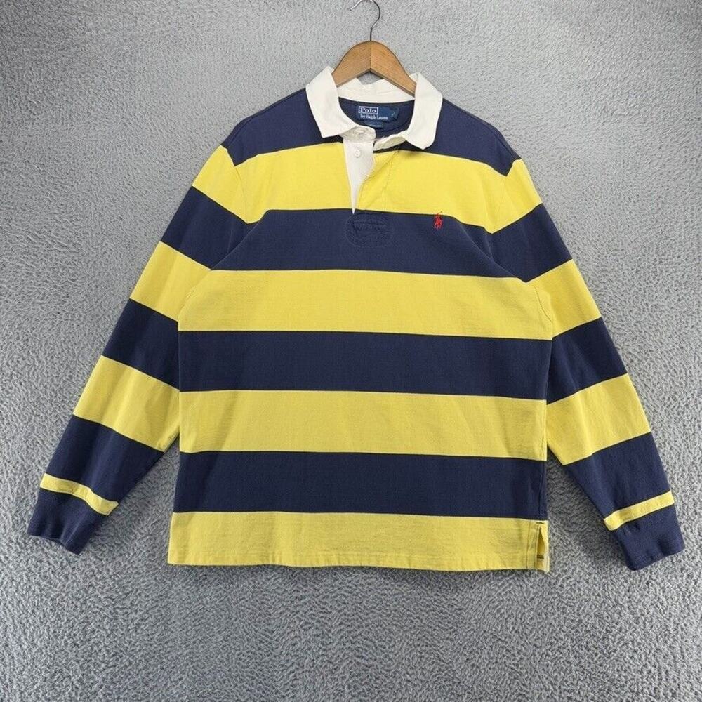 Vintage Ralph Lauren Rugby Polo Shirt Men's XL Blue Yellow Thick Heavy Pony 90s